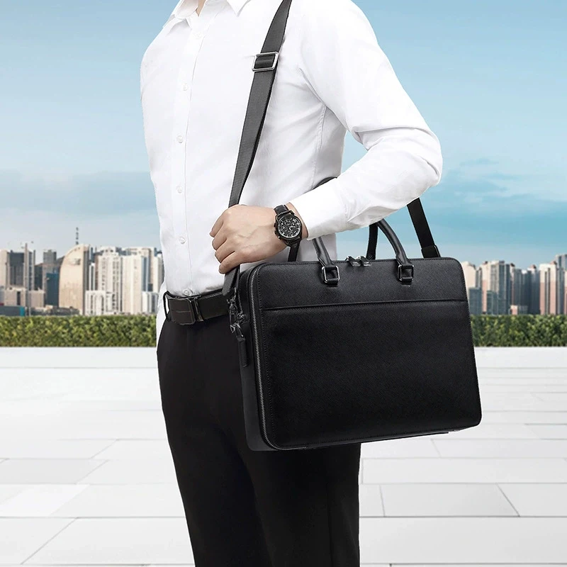 Split Leather Briefcase for Man Luxury Cowhide Vintage Executive Laptop Document Handbag Tote Shoulder Business Portable Bag