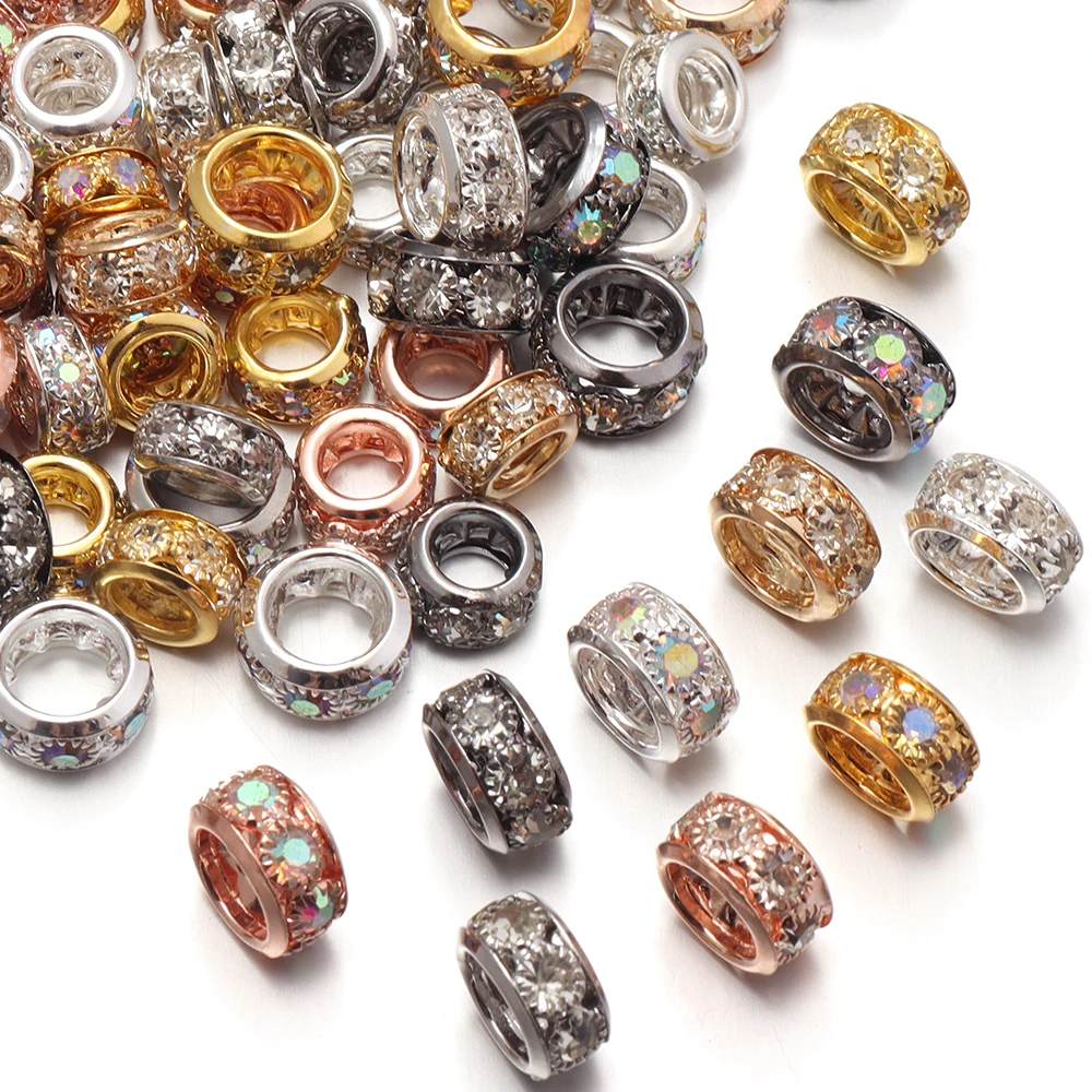 5pcs 10/12mm Multicolor Large Hole Rhinestone Crystal Beads Metal Loose Spacer Bead For Jewelry Making DIY Bracelets Accessories