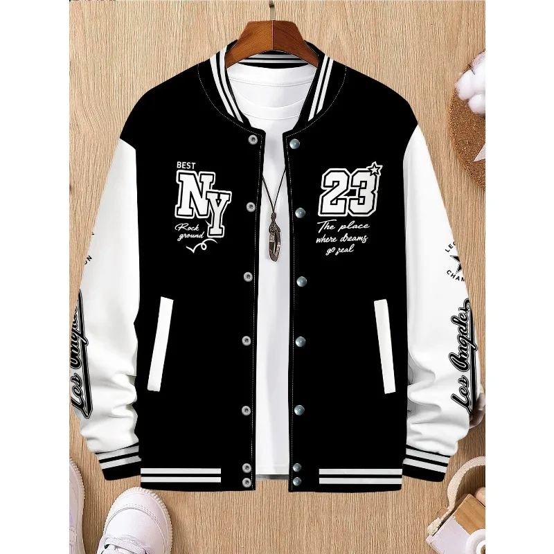 Men'S American Retro Baseball Jacket, Contrast Color Patchwork Letter Print Single-Breasted Coat, Street Trendy Casual Top