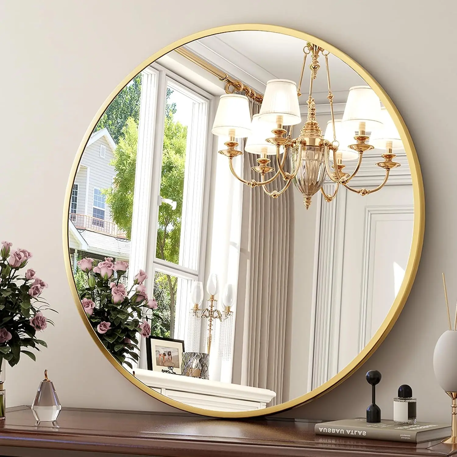 

30 Inch Round Mirror - Modern Matte Gold Circle Wall Decor for Bathroom, Entryway, Living Room