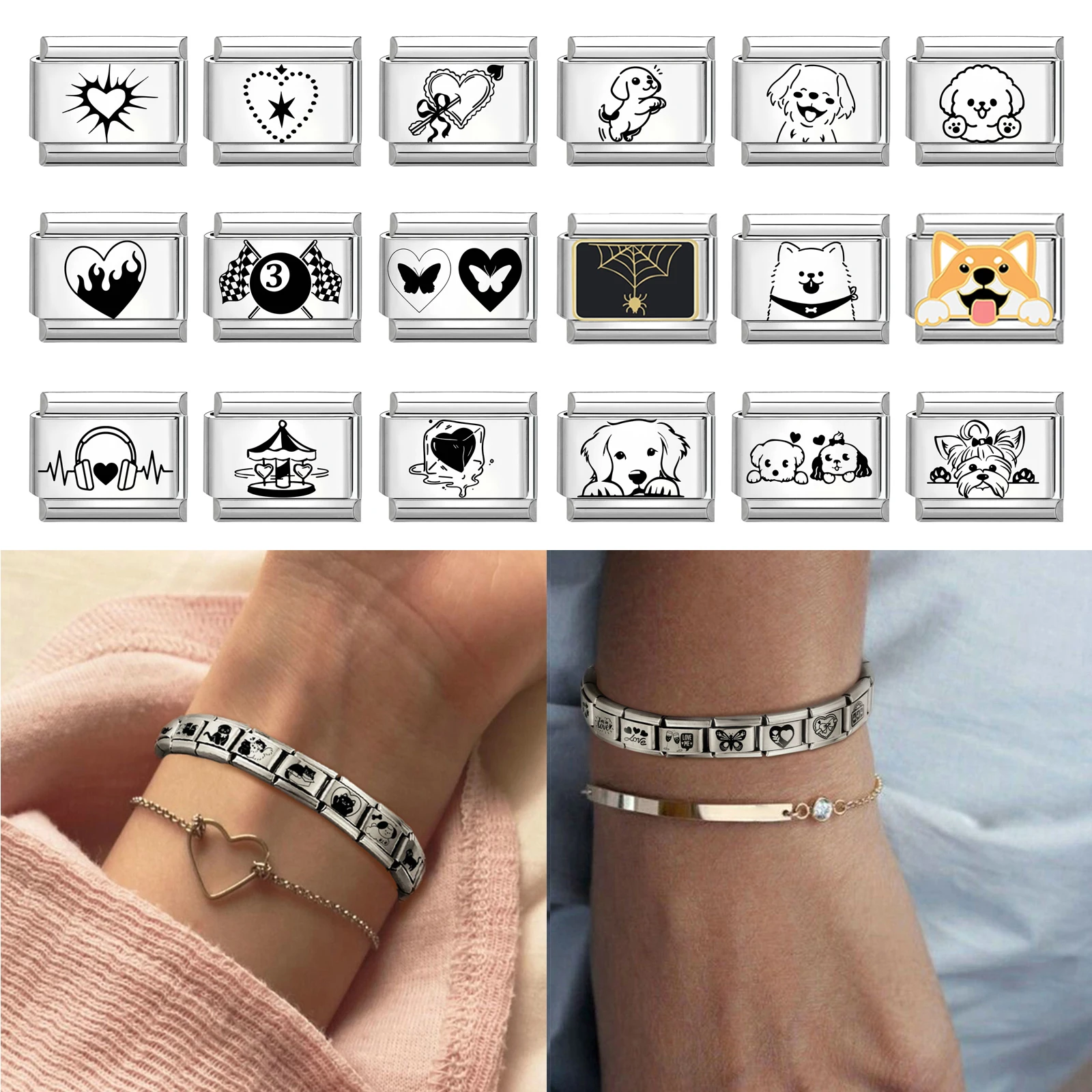 

Fashion Black Engraving Heart Eye Butterfly Ball Headphone Italian Charm Links Fit 9MM Stainless Steel Bracelet Women DIY Making