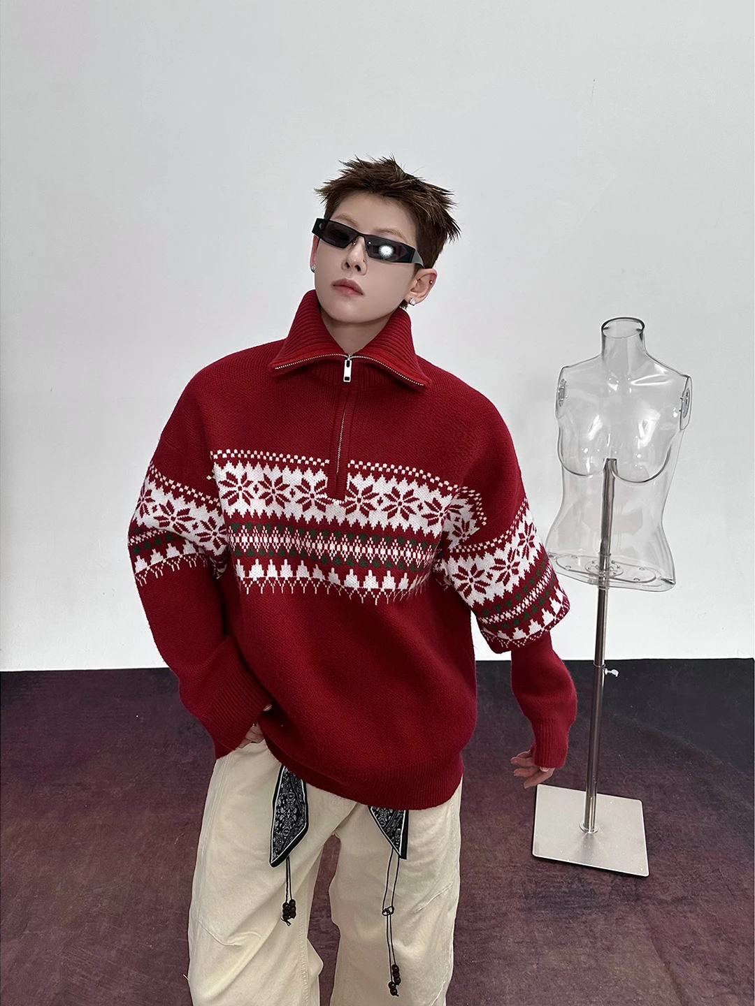 

American Sle Fair Isle f Zip Sweater ex Loose Fit High Collar Lazy Loose Couples Knittedwear Autumn Winter Long Sve