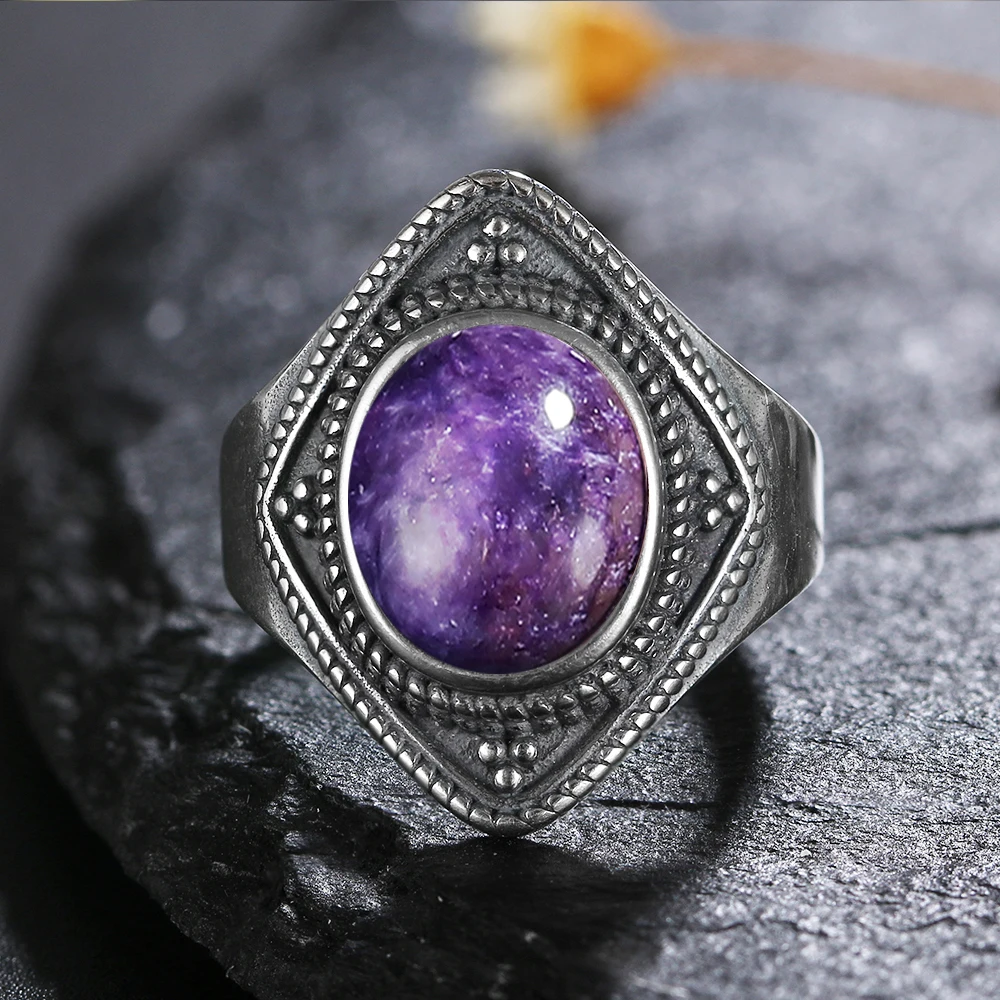 S925 anéis de prata esterlina natural charoite grânulo anéis de pedra preciosa para mulheres alianças de casamento presente de aniversário jóias finas