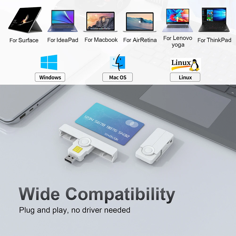 ATM 카드 비자 리더 휴대용 스마트 카드 리더 USB2.0 타입-C 디지털 인증서 보안용 USB 카드 리더