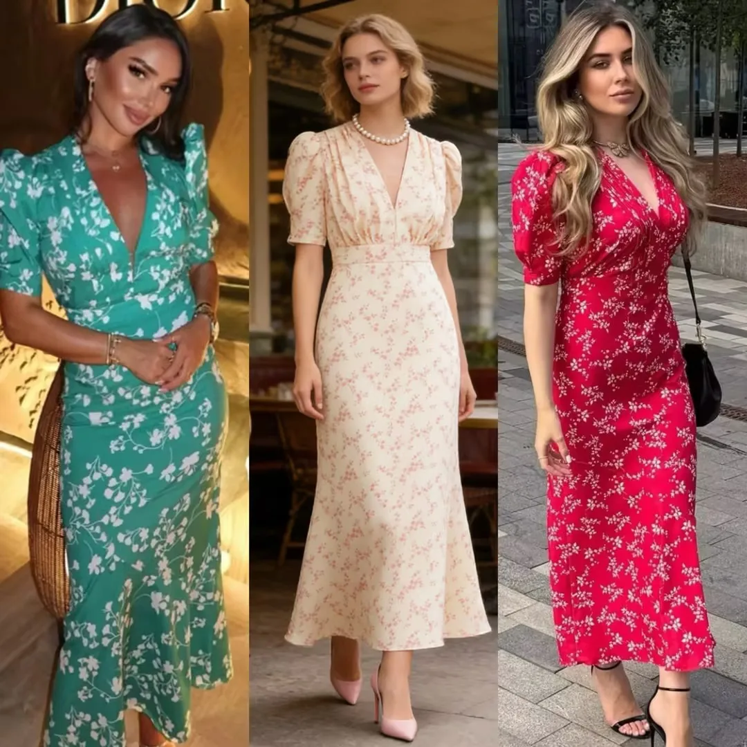 Fashion Elegant V Neck Printed Dress Dresses Spring Summer Floral Tiered Ruffle Midi