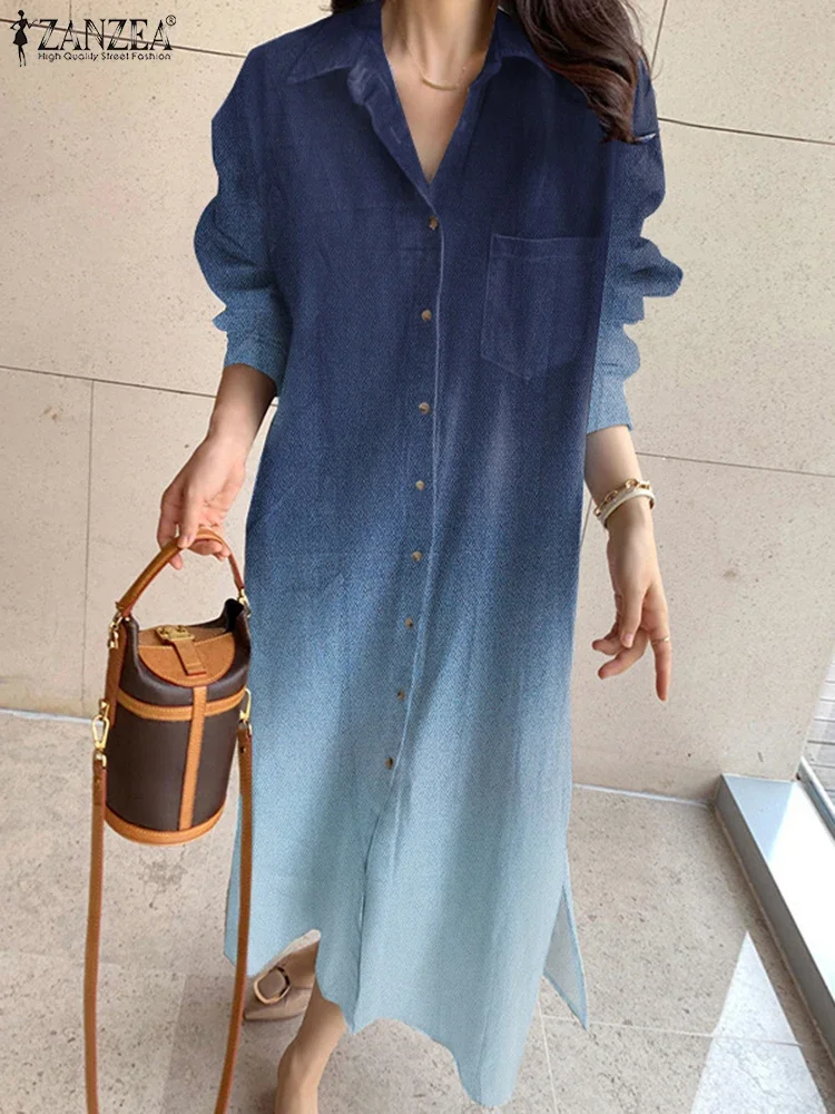 ZANZEA Gradient Shirtdress Women 2025 Spring Turn-down Collar Fashion Long Sleeve Midi Dress Slit Hem Commute Button Up Dresses