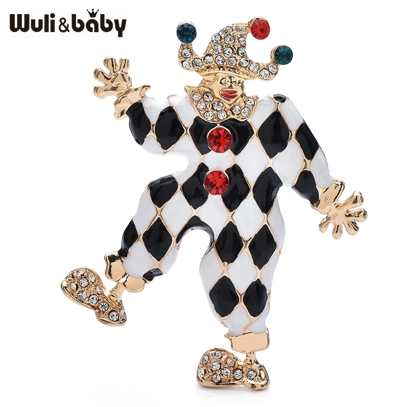 Wuli&baby Multi Color Crystal Clown Brooch For Fun Collection Enamel Walking Joker Jewelry Pins Gift