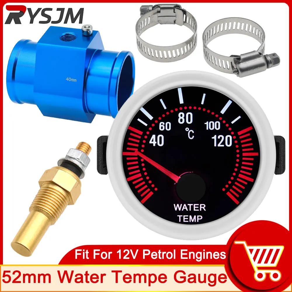 

HD Car Temperature Meter 52mm Water Temp Gauge White LED Light 40~120 Celsius Water Temp Sensor 10mm + Joint Pipe Adapter 1/8NPT