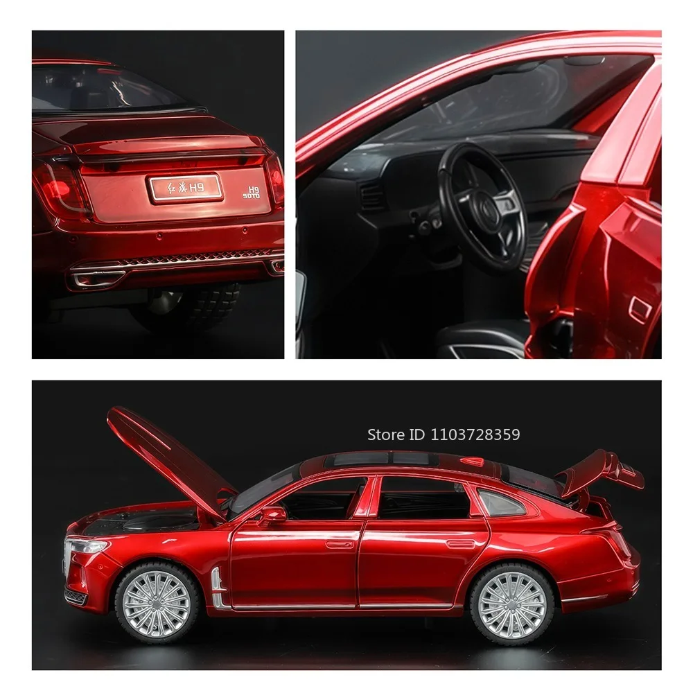 1:32 HongQi H9 M4 Simulazione Modelli di auto giocattolo Porte pressofuse in lega aperte Tirare indietro Interni squisiti Suono Luce per i regali dei bambini