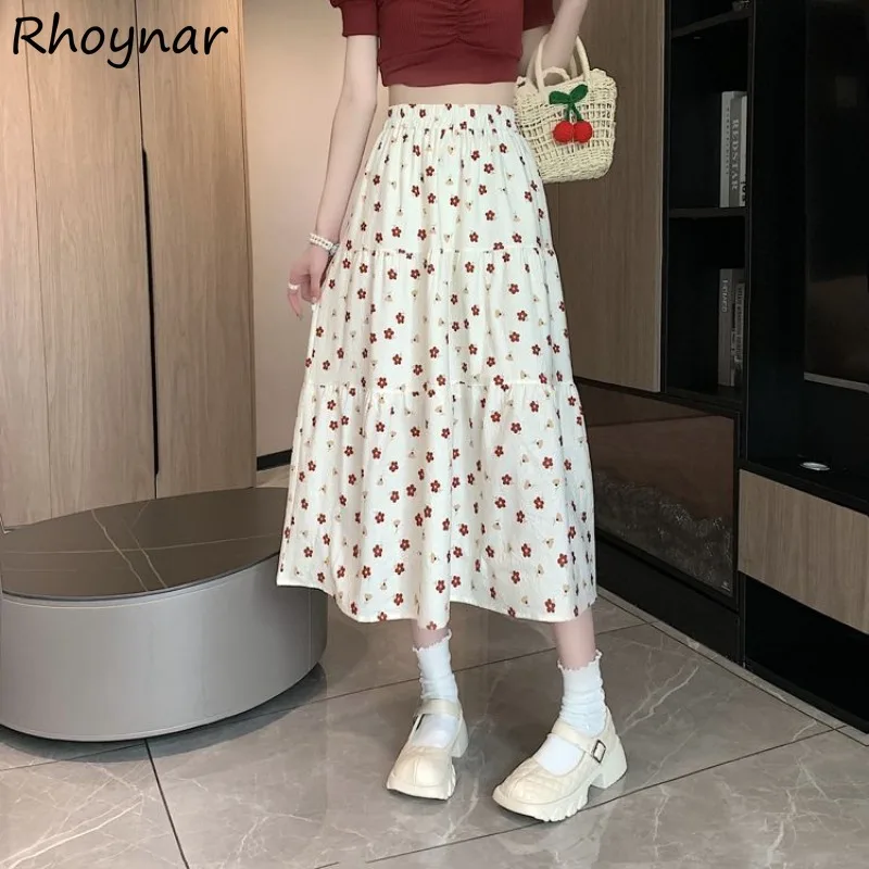 Floral Skirts Women Korean Clothing Trendy Pleated Elastic Waist Baggy Cozy Leisure All-match Sweet Girls College Popular Chic