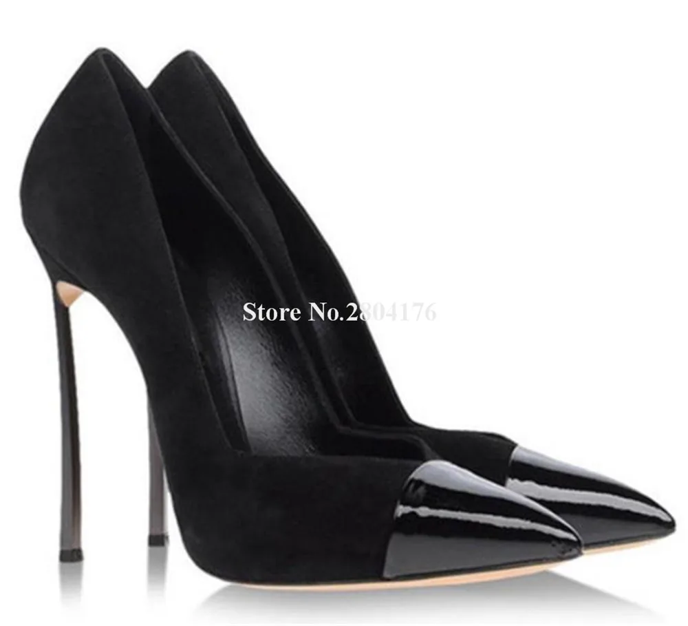 المرأة أنيقة الأسود براءات الاختراع والجلود تو المرقعة الجلد المدبوغ خنجر كعب مضخات الانزلاق على المعادن رقيقة كعب فستان أحذية كبيرة الحجم