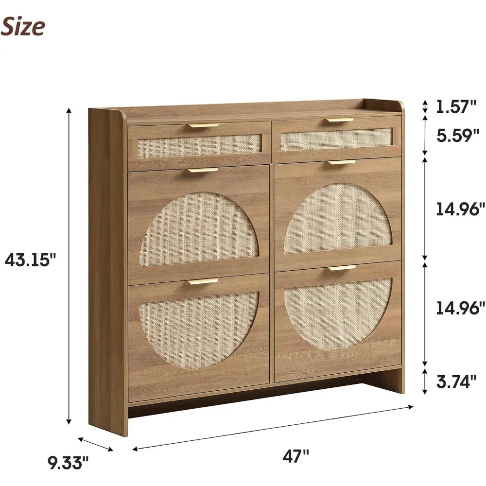 Rattan Shoe Cabinet with 4 Flip Drawers & 2 Drawers, Freestanding Entryway Organizer, Oak