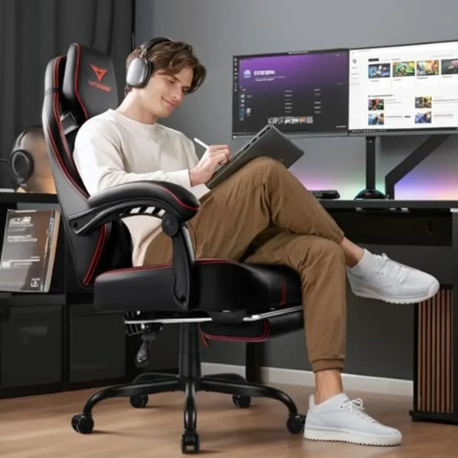 Big and Tall Gaming Chair for Home Office Use, Premium PU Leather, Black, 400lb Capacity with Retractable Footrest and Lumbar S