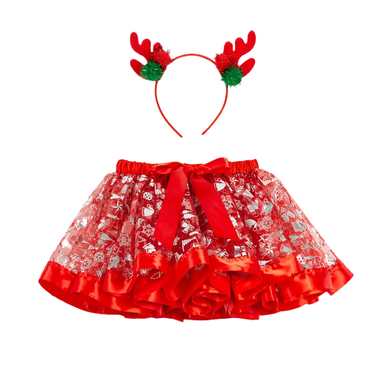 Kids Girl Princess Skirt Outfit Baby Elastic Waist Christmas Print Tutu Mesh Lace Skirt with Elk Headband Set Xmas Clothes