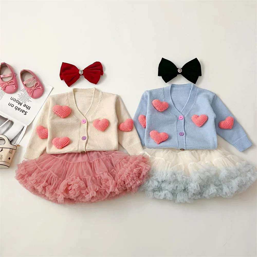 

2024 autumn Children's Knit Cardigan + tutu dress 2pcs Clothes set for Girls Long Sleeve Jacket Loungwear Outfit Coat