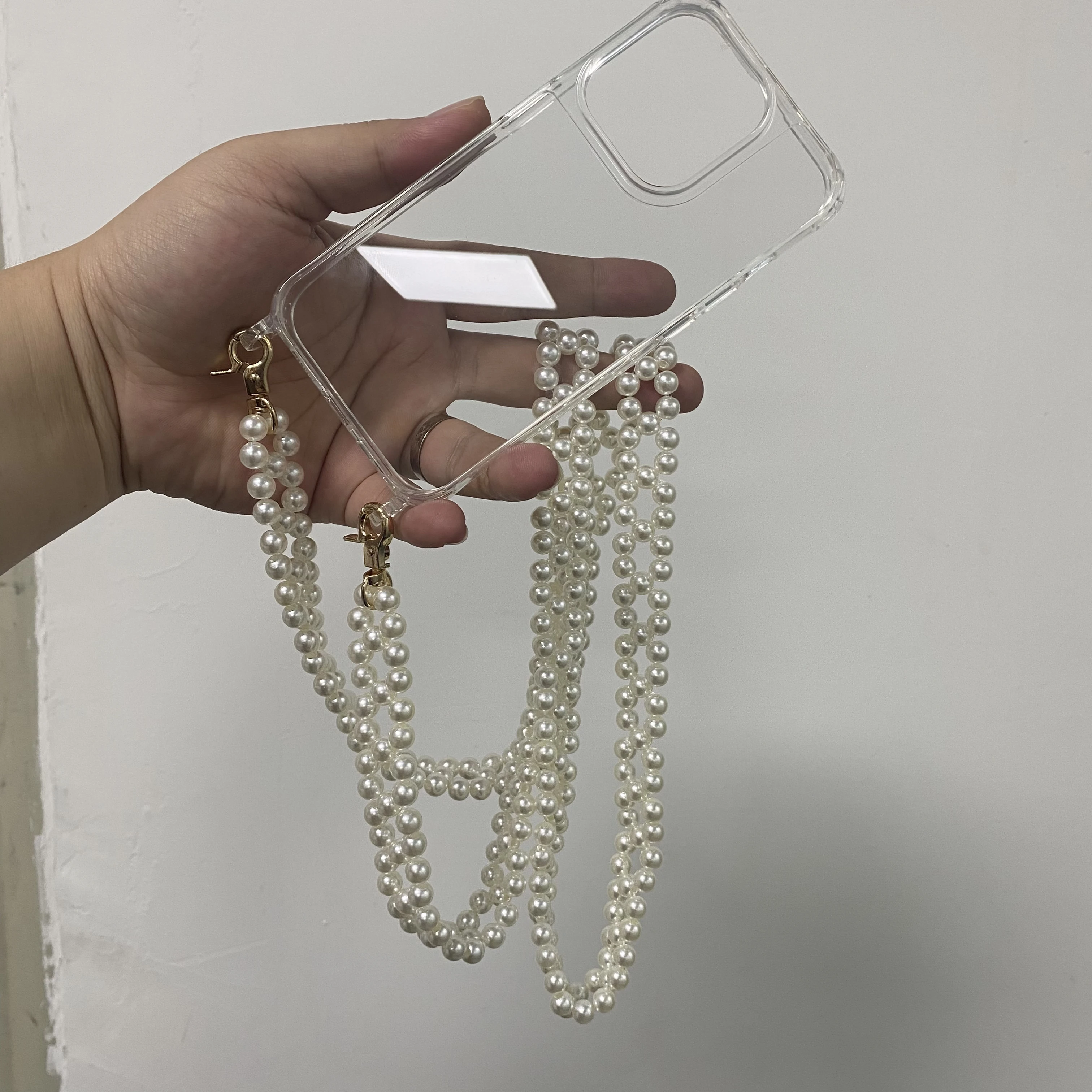 Pearl Crossbody Lanyard Strap Chain Phone Case For iPhone 15 Plus 15 12 13 Pro Max Mini 8 7 6 Plus Xr X Xs Max SE Clear Cover