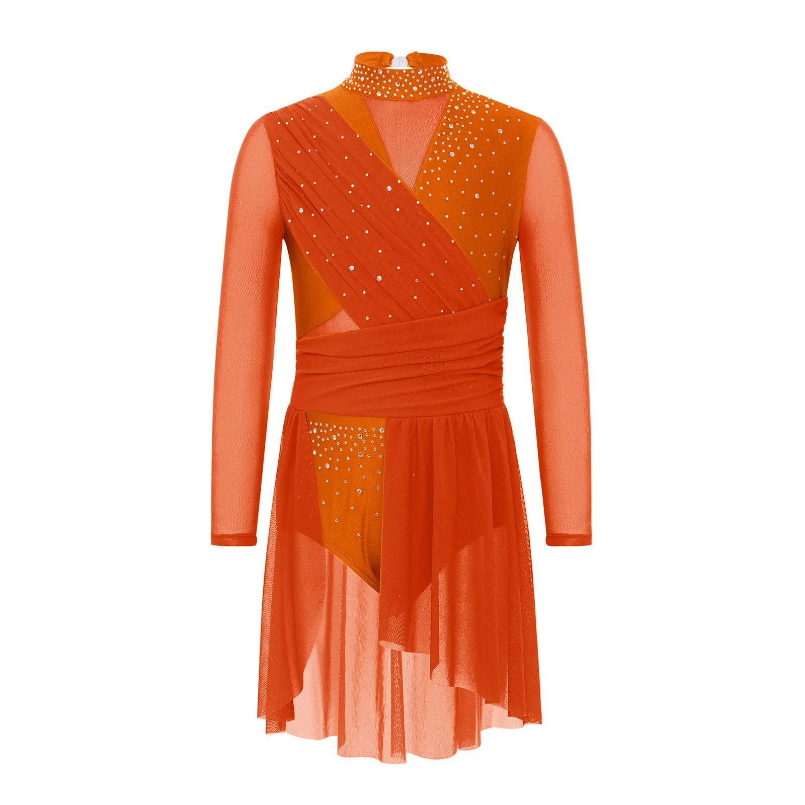 

Kids Girls Gymnastics Figure Skating Ballet Lyrical Dance Dress Performance Costume Side Split Sheer Mesh Ruched Leotards Dress
