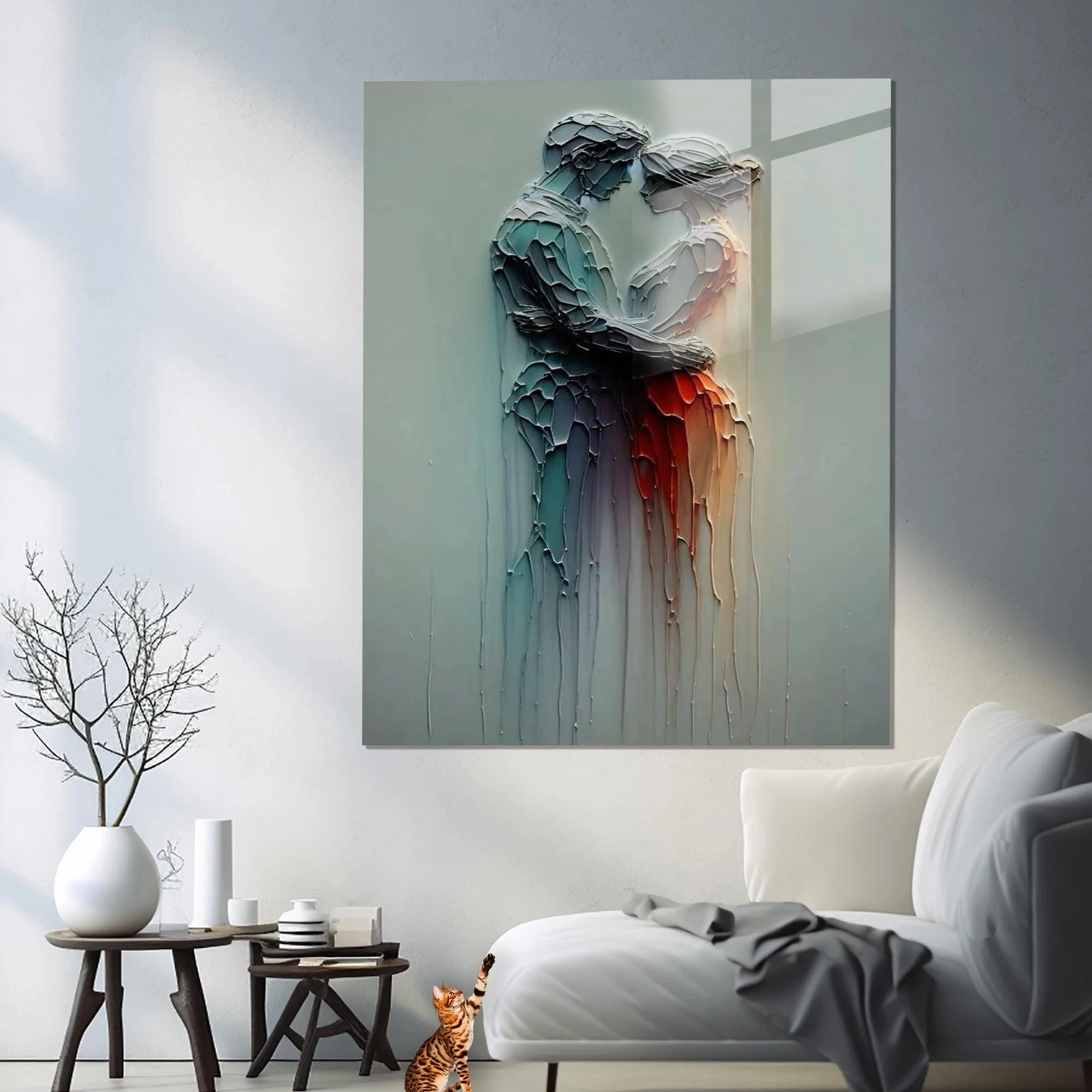 مجردة 2D الإغاثة المسطحة زوجين احتضان قماش جدار الفن - لا طباعة النحت الرومانسي مؤطرة، ملصق عشاق مجردة الحديثة، Uni