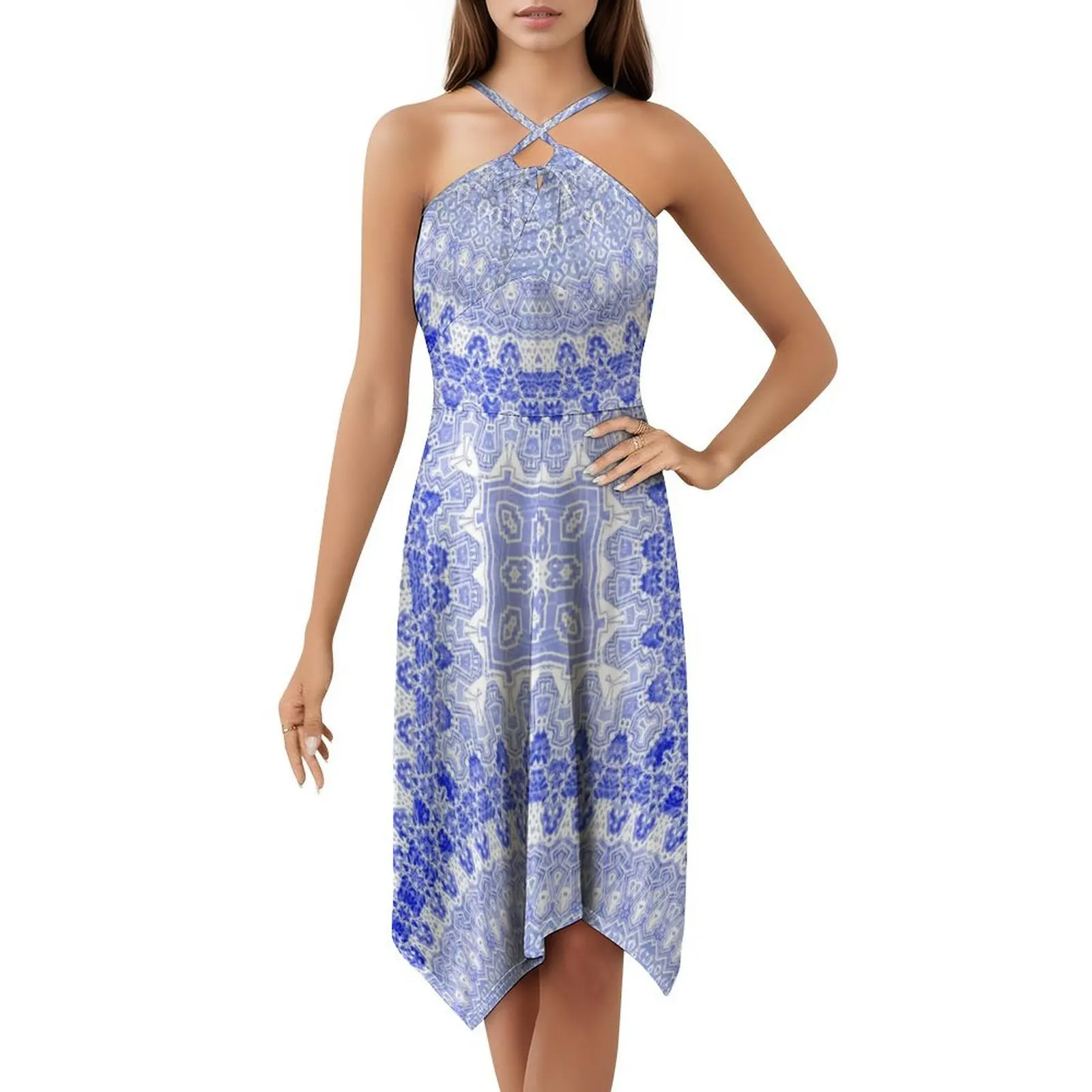 فستان قصير على طراز ماندالا باللون الأزرق للأطفال للنساء على شكل حرف a فستان يوم غير رسمي فضفاض بنصف ماندالا بنمط أزرق للأطفال #5