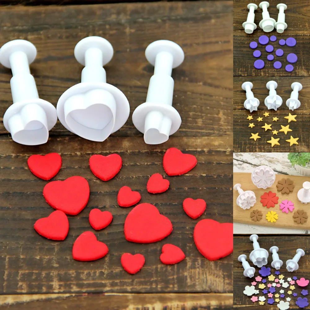 

3Pcs Cake Moulds & Fondant Cutters, Plastic Cake Mold for DIY Fondant Cake Decorating, Plunger & Baking Accessories