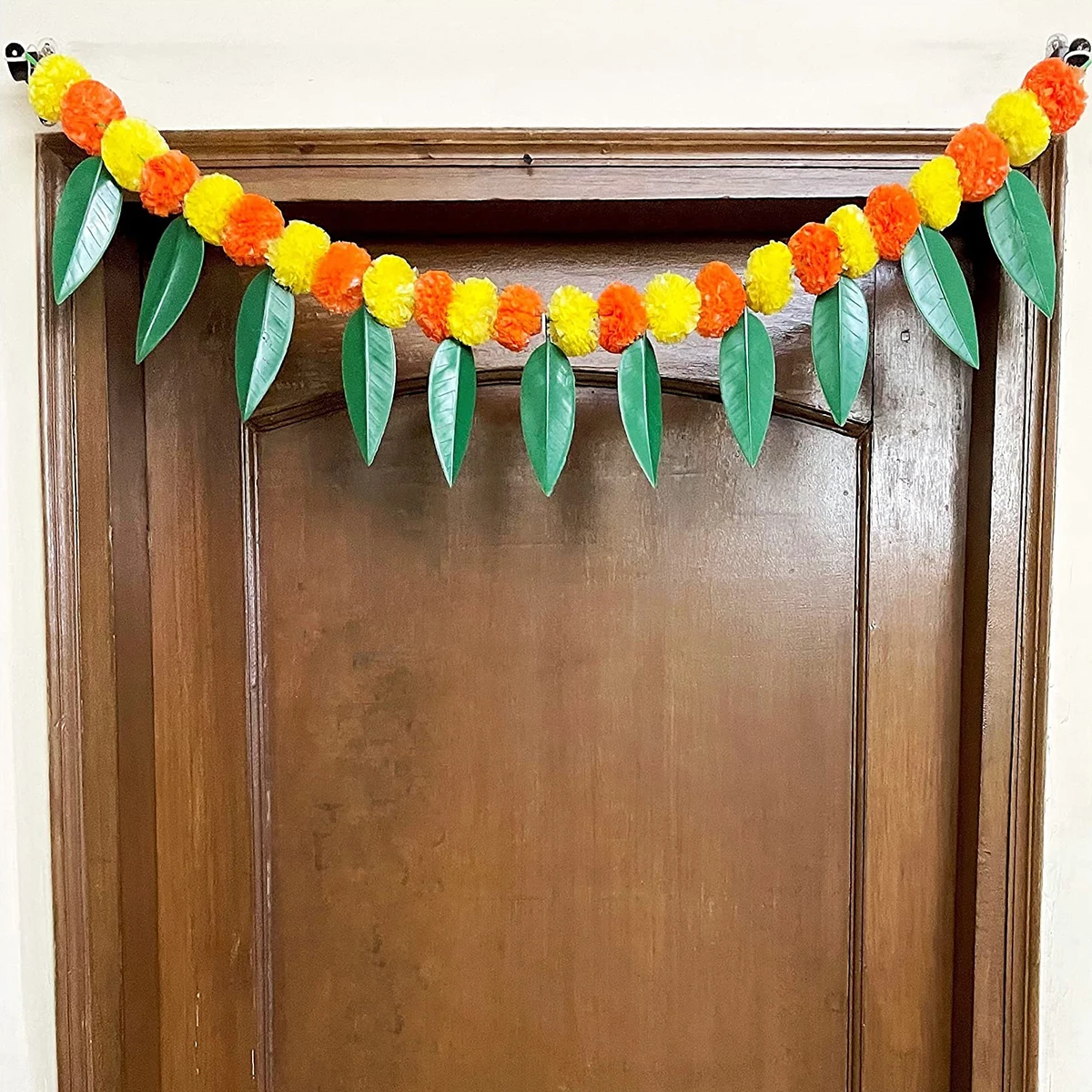 1pc Lintel Decor for Ugadi - Artificial Marigold Flowers Garland with Hanging Leaves for Indian Festival Wedding Eid Ramadan