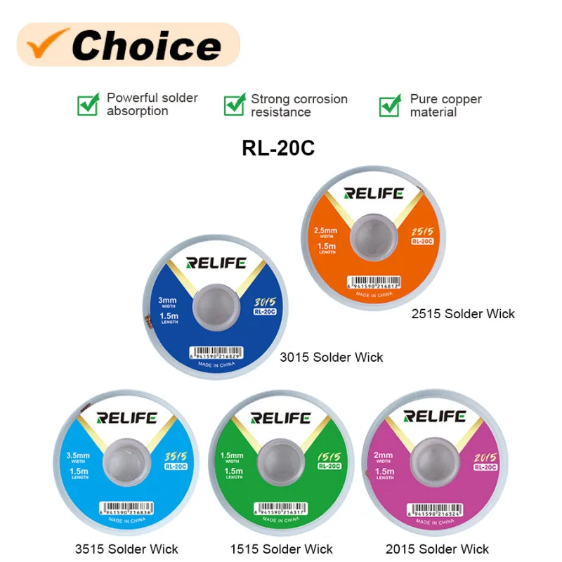 

RELIFE RL-20C Powerful Wick Soldering Wire Suitable for Repairing Mobile Phone PCB Welding Soldering Remover Repair Tool