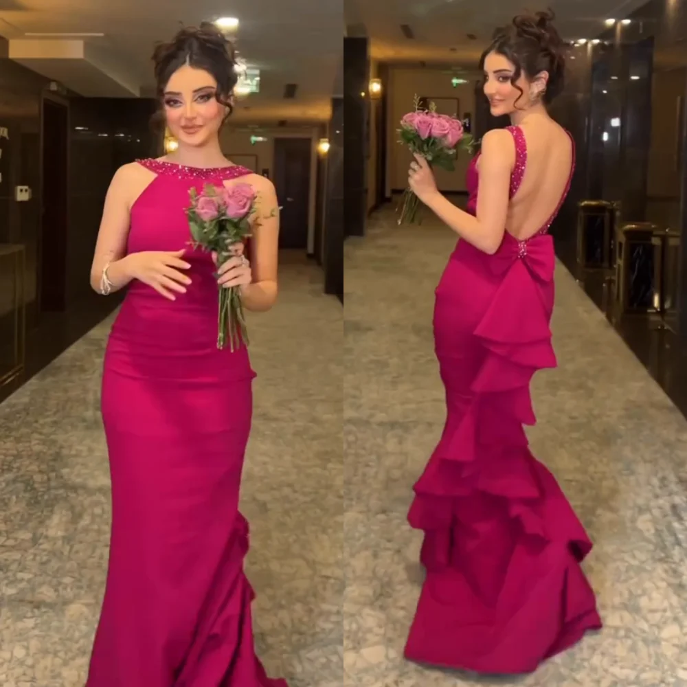 Customized Jersey Sequined Bow O-Neck Mermaid Backless Long Dresses Bespoke Occasion Evening Party Gown Elegant Charming Glitter