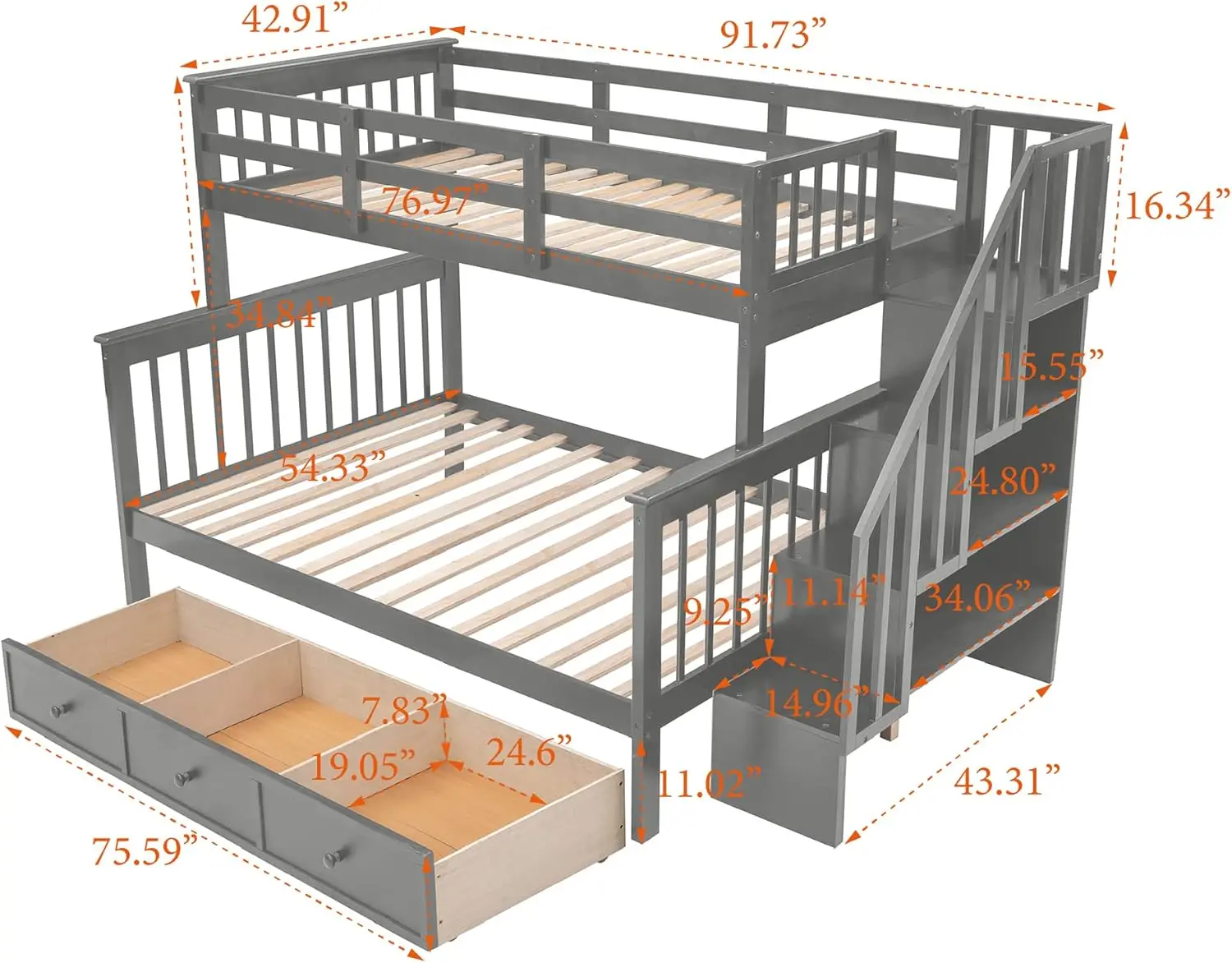 Lit double superposé avec rangement, bois avec escalier, lits superposés pour enfants, lit jumeau complet, gris, aucun ressort non nécessaire