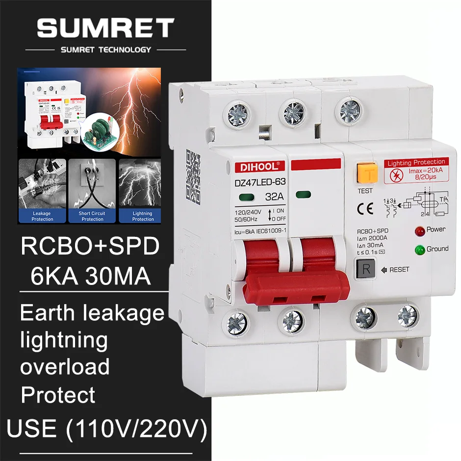 DZ47LED RCBO with SPD Lightning Protection Residual Current Circuit Breaker Earth Leakage 10A 16A 32A 40A 63A