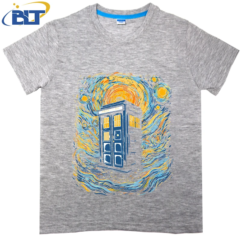 Starry blue box printed kids T-shirt, summer cotton short-sleeved casual top, suitable for both boys and girls