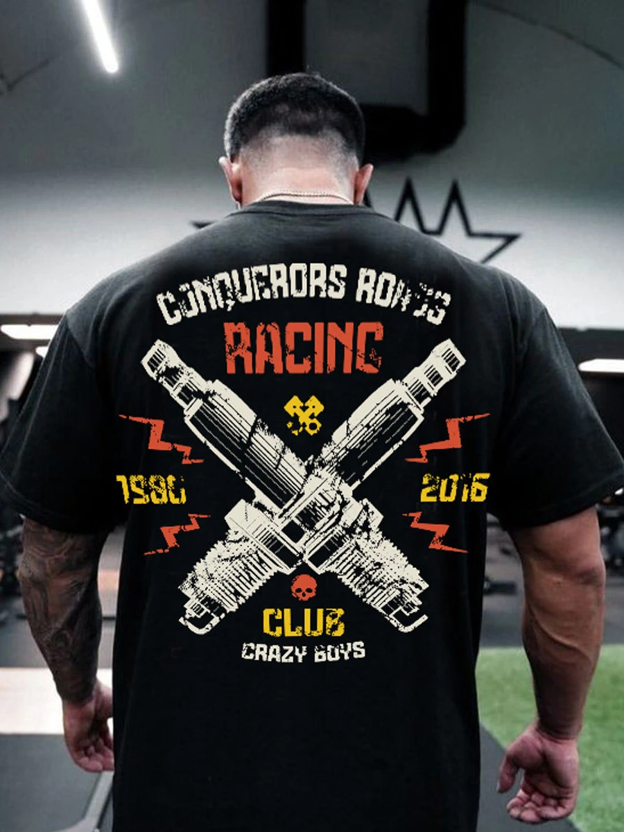 Retro Motorcycle T-shirt - Tough Indian Motorcycle Racer Style Skull Short Sleeve Classic Vintage Print Half Sleeve