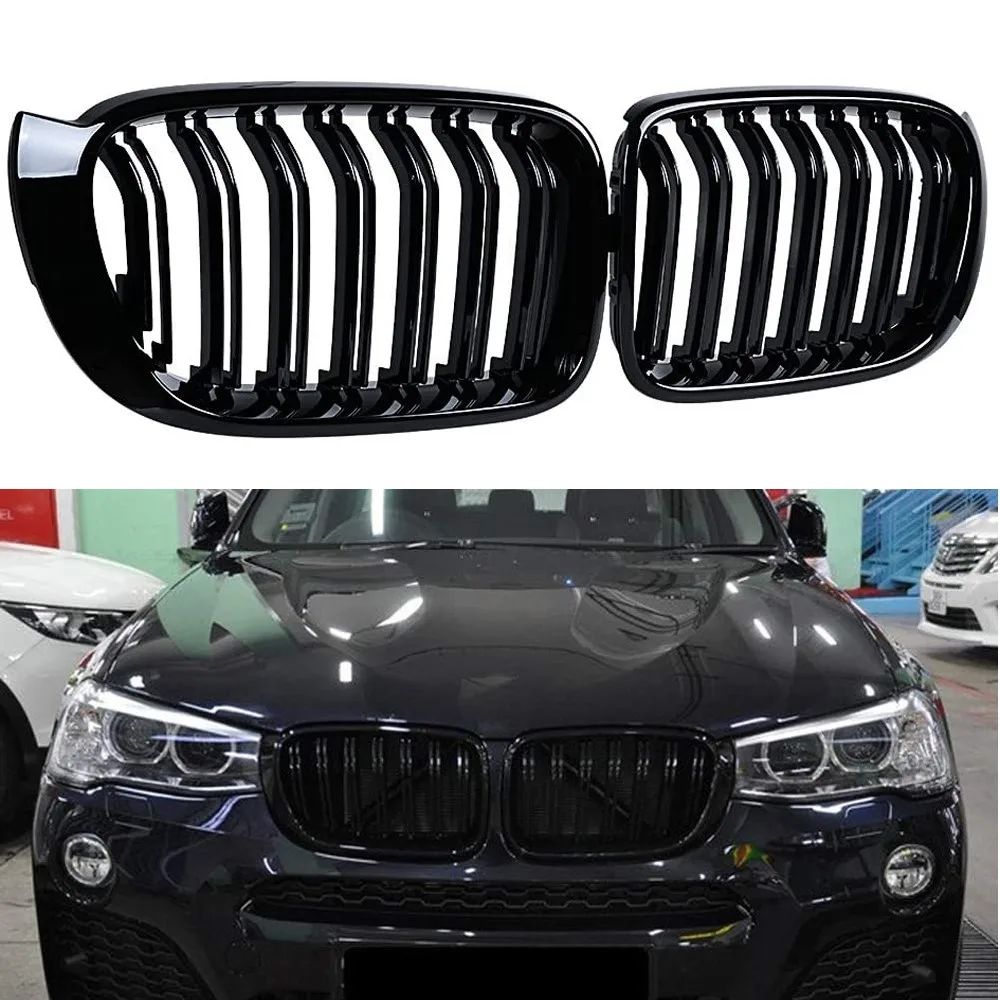 

M Style Car Front Kidney Grille Dual Line Grill Cover Gloss Black Replacement For BMW X3 X4 F25 F26 2014 2015 2016 2017