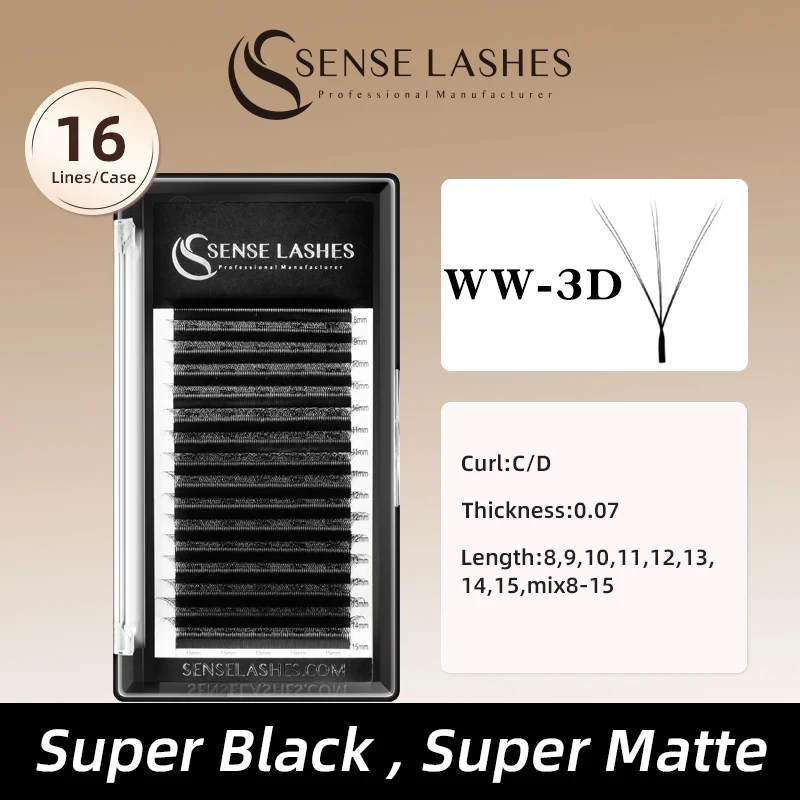 

SENSE LASHES 3D WW Shape Eyelash 0.07 C/D Curl Natural Soft Faux Mink Lashes 16 Rows Professional Premade Volume Fan Lashes