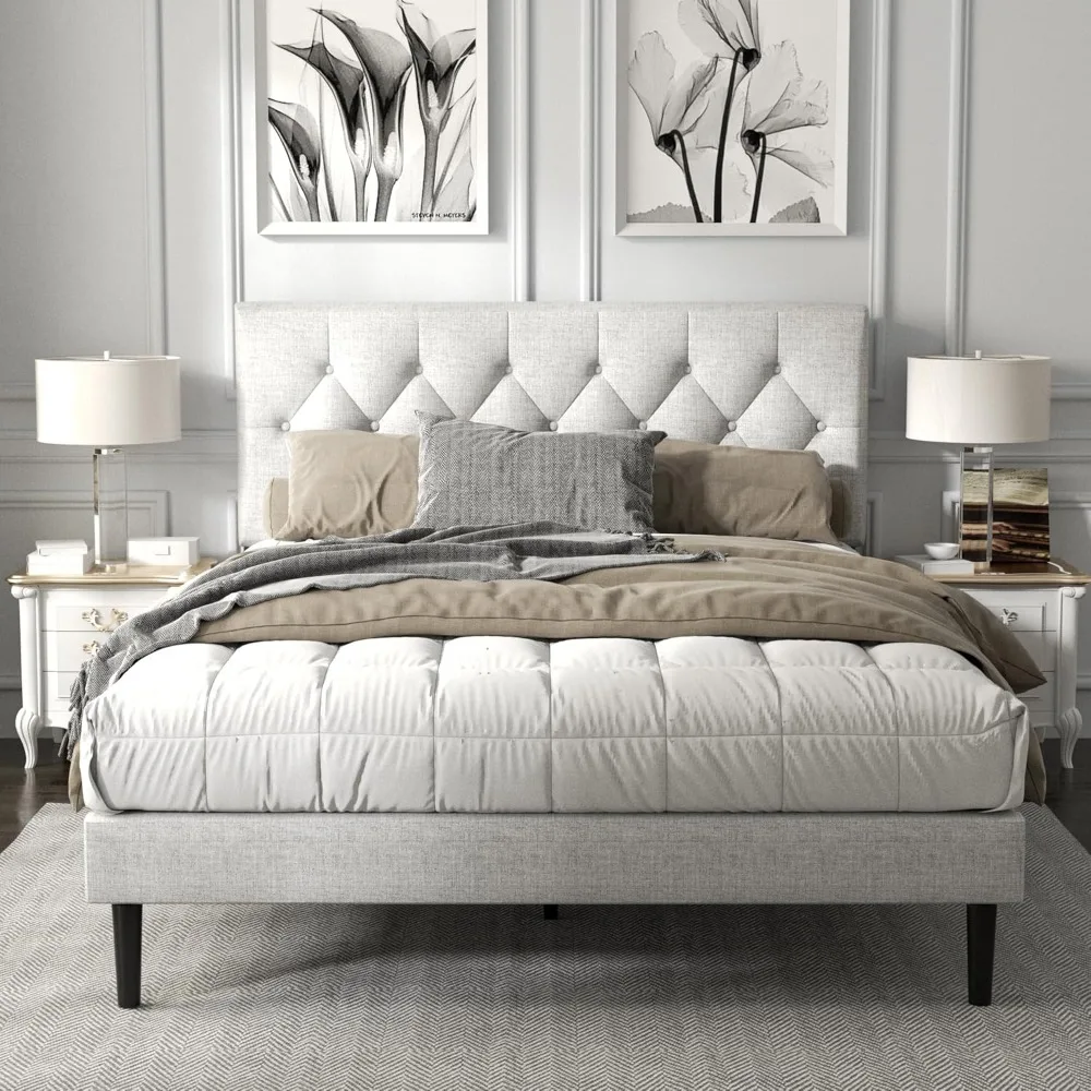 

Full Size Platform Bed Frame with Upholstered Button Tufted Headboard, Mattress Foundation with Wooden Slat Support, Noise Free,