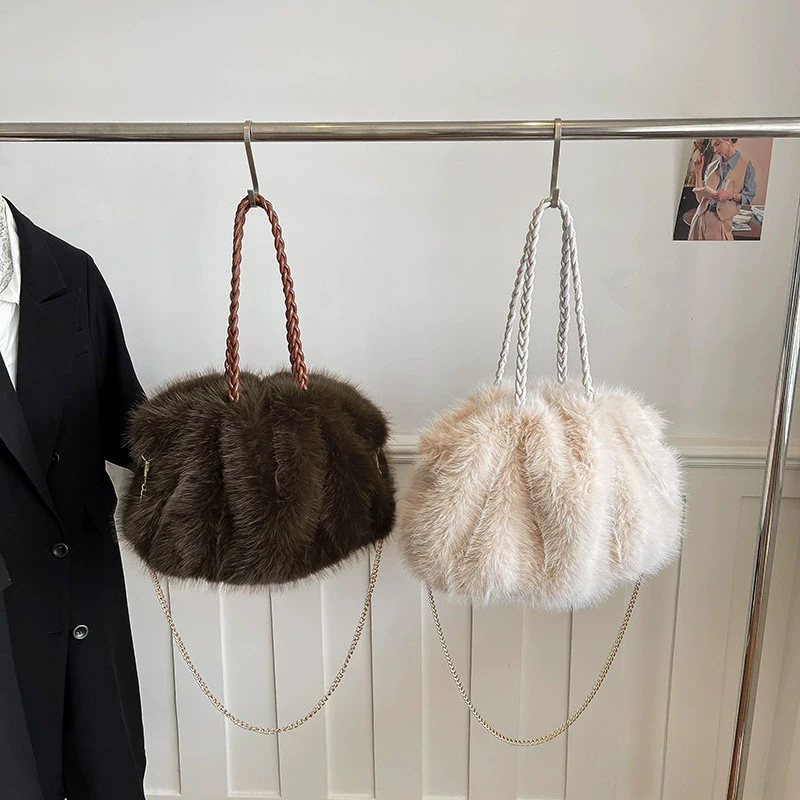 Fashion Faux Fur Shoulder Bag Large Capacity Tote Handbag Winter Autumn Fluffy Soft Crossbody Work Daily Women Commute Bag