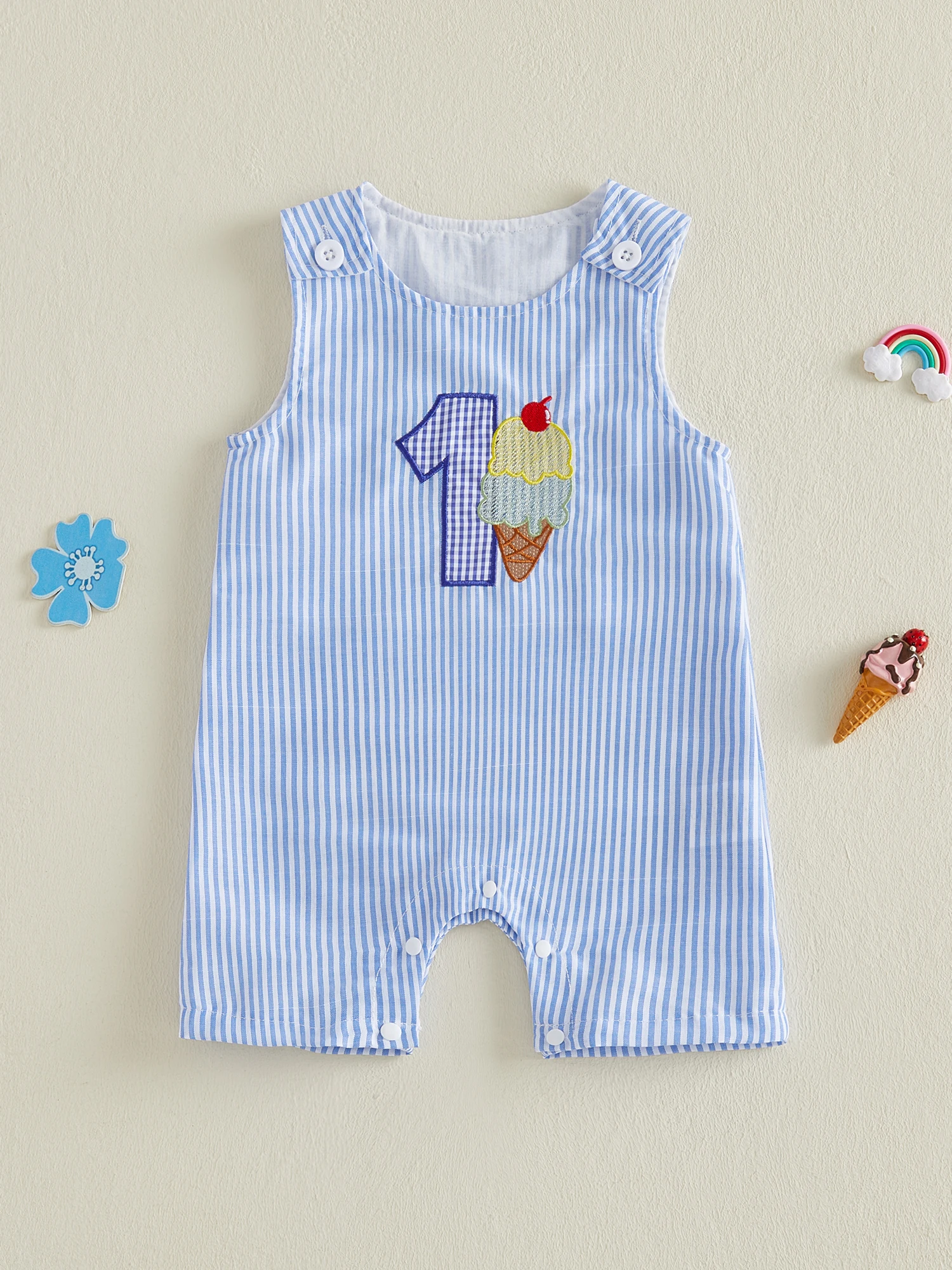 طفل صبي 1st عيد ميلاد الزي الأزرق مخطط الآيس كريم رومبير مطرزة بلا أكمام بذلة ملابس الصيف غير رسمية للبنين #4