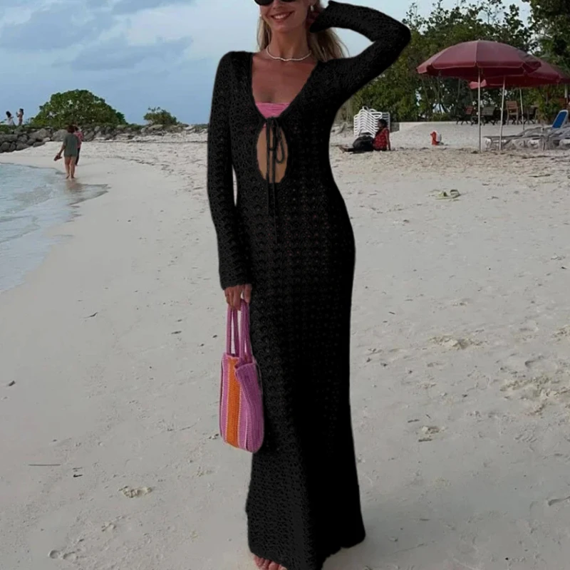 新しいスタイル中空長袖タイアップドレスニットセクシーなビーチウェアカバーアップ女性のビーチホリデー日焼け止めスモック