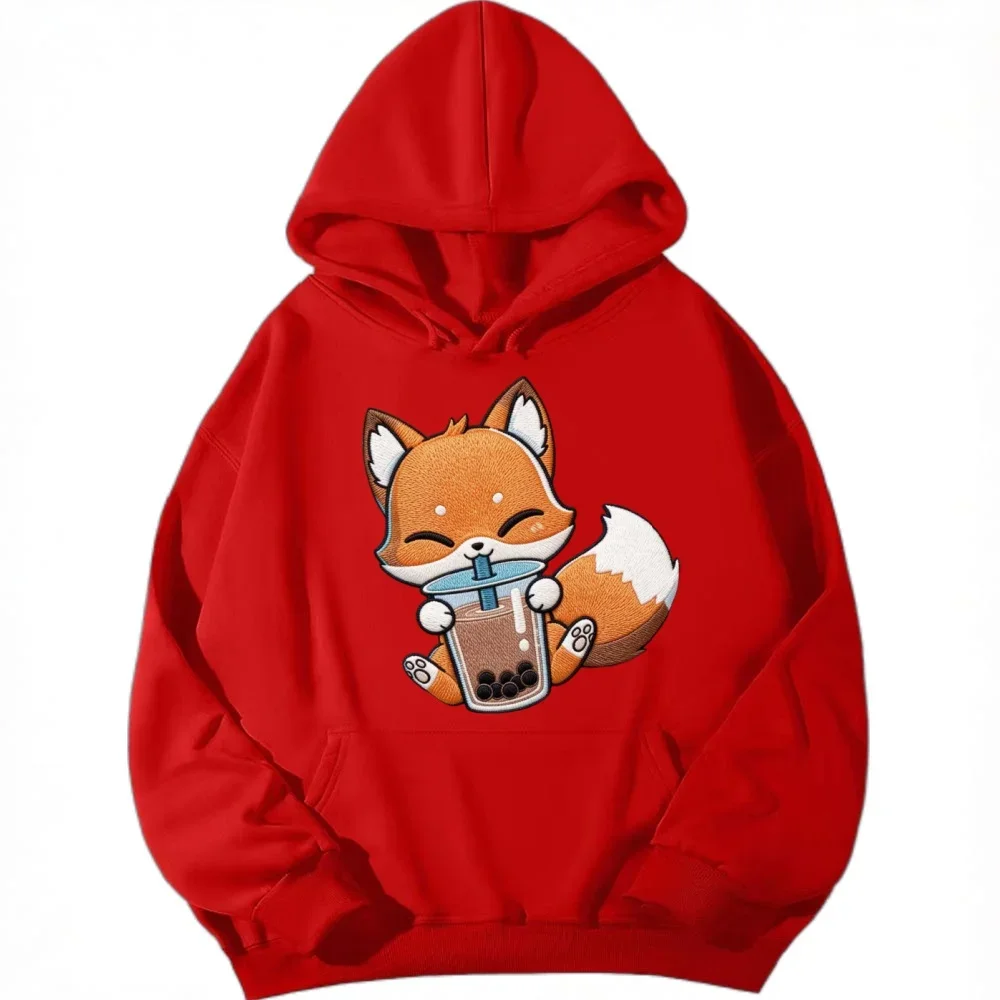 Imitation embroidery printed women's Korean style hoodie, cute plus size sweatshirt, cartoon fox pattern, women's street wear
