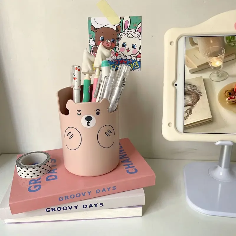 Multifunctional Pen Holder Kawaii Cartoon Bear Makeup Brush Holder Lovely Fashion Phone Holder Student Stationery Pen Organizer