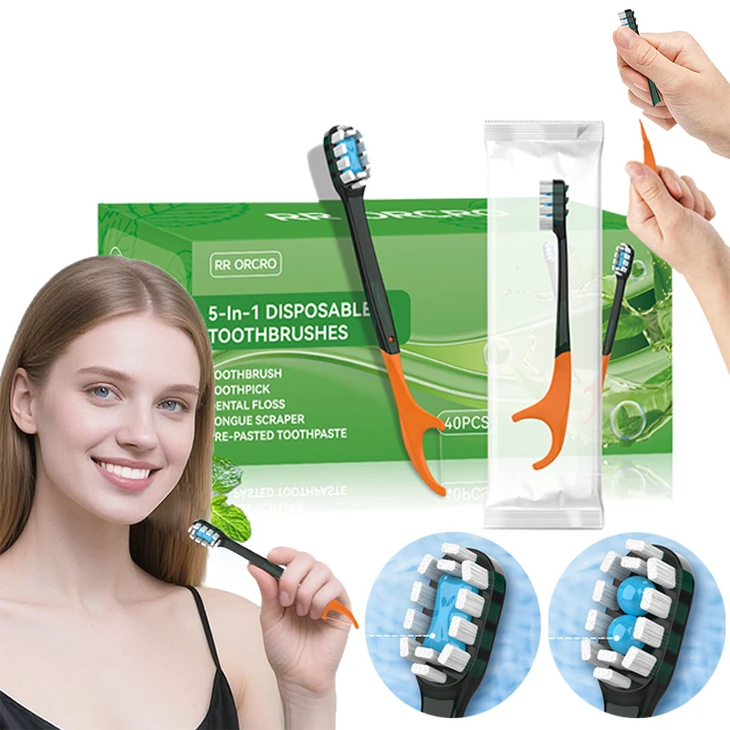 

10Pcs/24Pcs/40Pcs Portable 5-In-1 Toothbrush Dental Floss for Oral Cleaning, Disposable Toothbrush for Adults On Business Trips