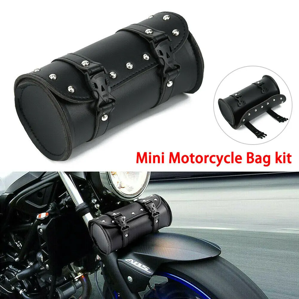 

Motorcycle Front Fork Tool Bag with Saddlebag and Handlebar Mount Straps Weather Resistant Synthetic Leather for Cruiser Bikes