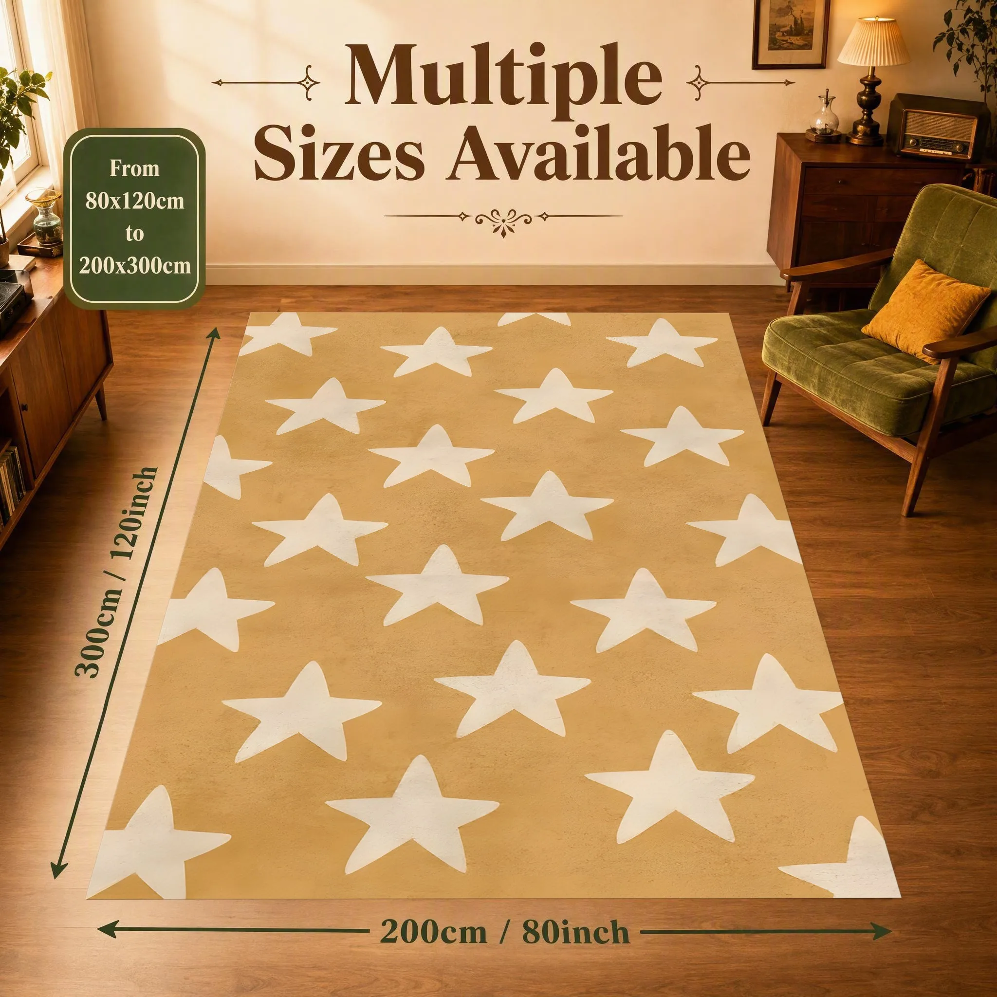 Warm Yellow All-Over Star Print Rug, Gentle Soothing Carpet for Living Room Bedroom, Cozy Home Decor