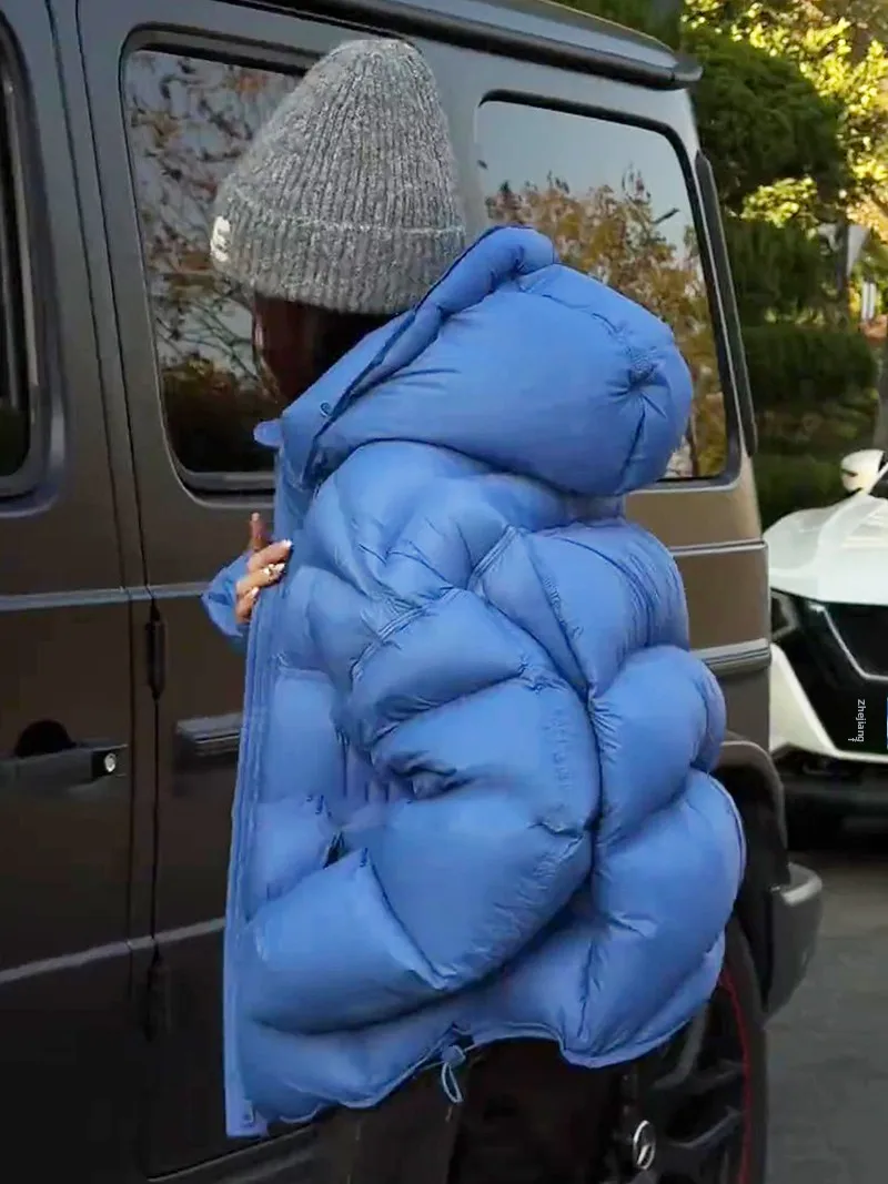 

Blue Women's Puffer Jacket Winter Thickened White Duck down Bread Coat Short Style Casual Loose Fit Warm Nylon Inner