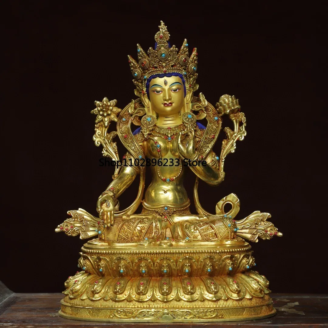 Tibetan brass gilt painted face inlaid with precious stones Guanyin whiteness mother seven eyes Buddha Home Hall supplies 32cm o