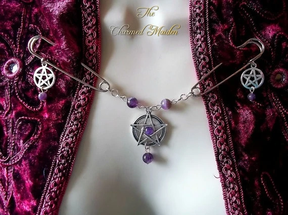 Amethyst Pentagram Cloak Fastener, Cloak Clasp, Cape Pin, Brooch, Pentacle, Pagan, Wiccan, Wicca, Witch, Driud, Warlock, Larp