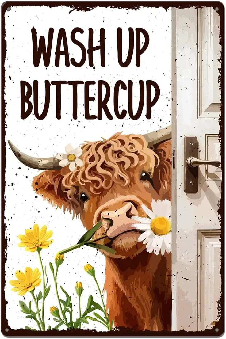 Funny Highland Cow Bathroom Sign Decor Wash Up Buttercup Metal Sign for Bathroom Home Tiolet Restroom Wall Art Decor, Unique Hig