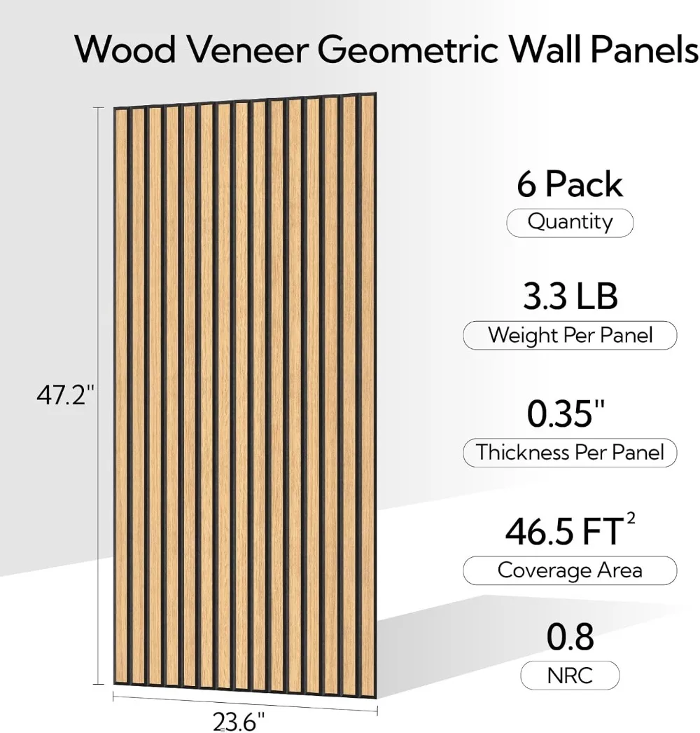 6 Pack Wood Veneer Acoustic Wall Panels 23.6x47.2 Sound Absorbing Noise