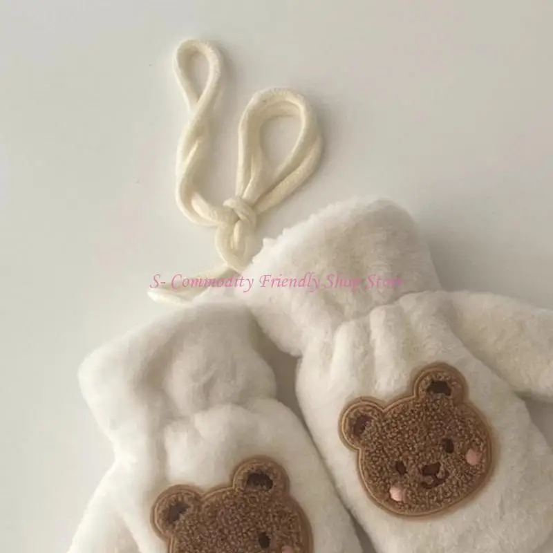 

85AE Cartoon Bear Warm Mittens Lovely Handmuffs Neck Chain Gloves for Cold Weather