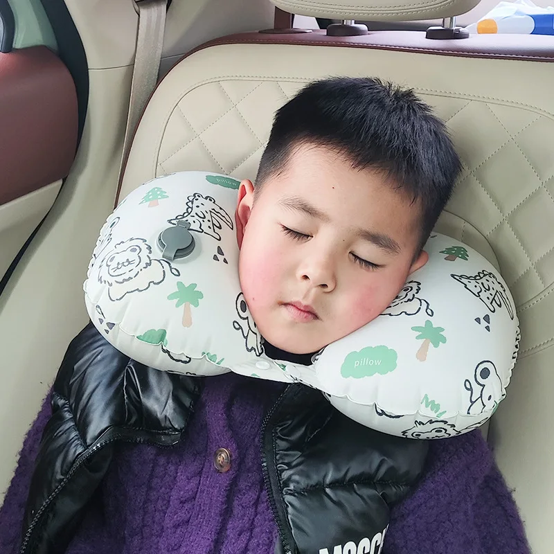 Kids Cartoon Inflatable U Neck Pillow Fast Blow Up Portable Cervical Support Pillow for Travel Airplane Car Kids Sleeping Rest
