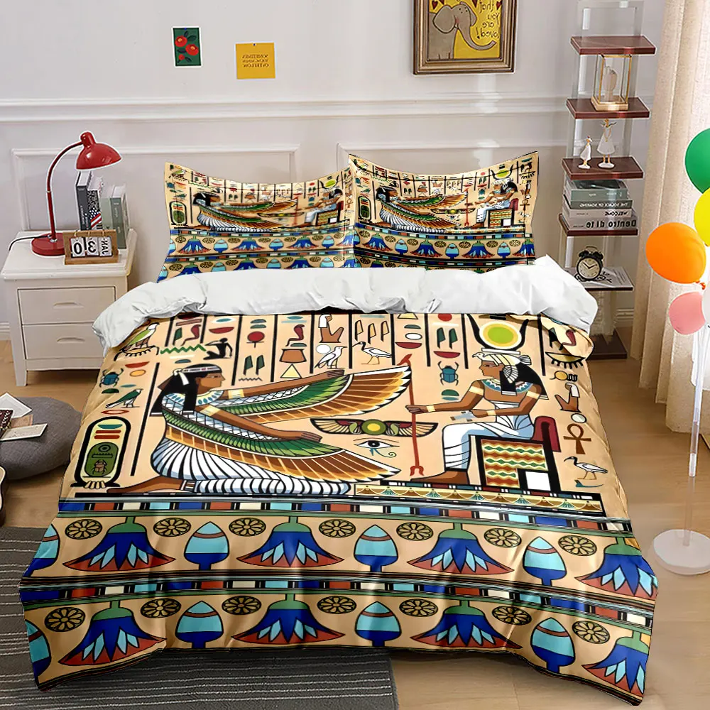 Ancient Egyptian Mural Scene Bedding Set for Kids Luxury Gift 3pcs Digital Print Comforter Set Soft Comfortable Breathable